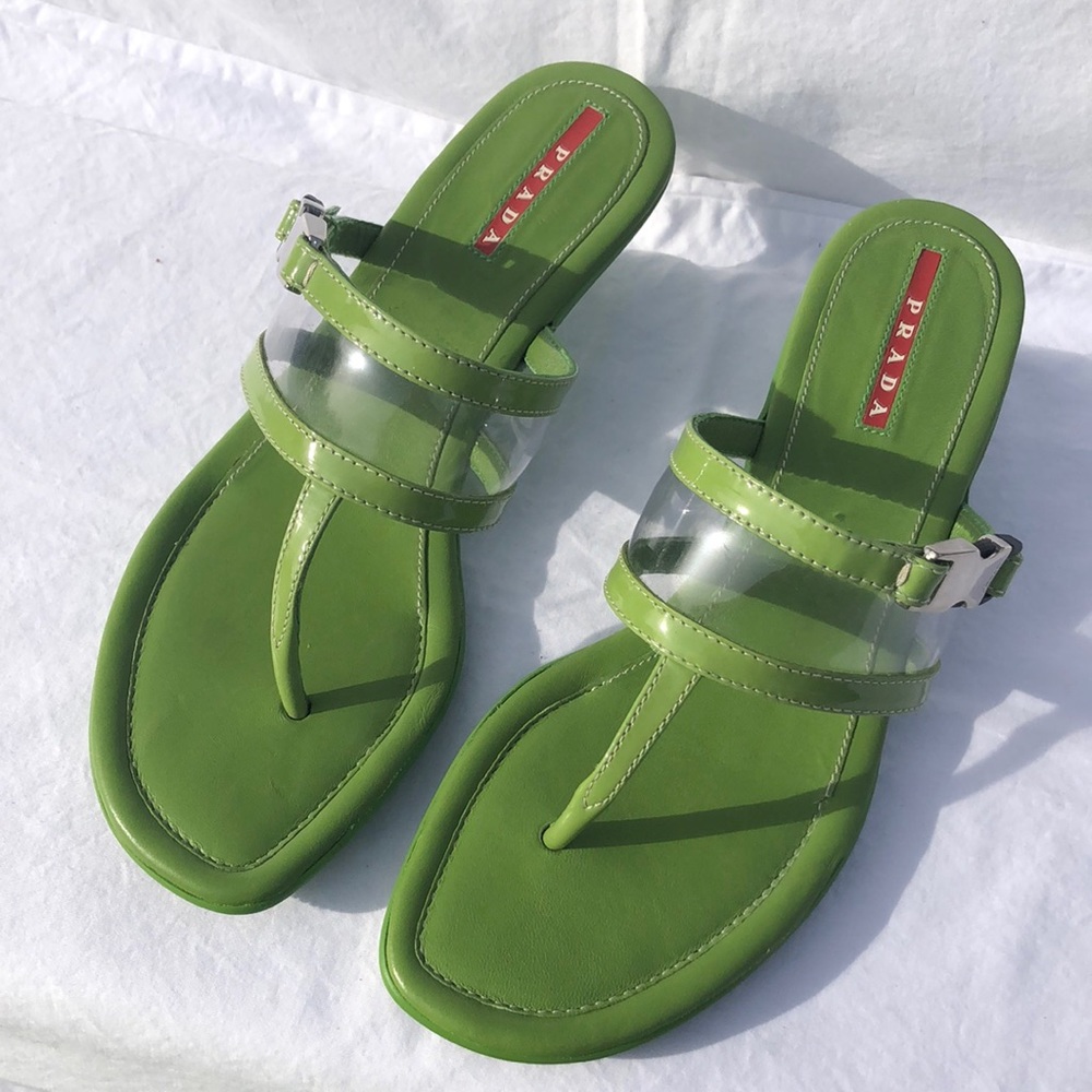 Prada Leather & Transparent Thong Sandal w/Kitten Heel, Verde Mela (Green Apple)